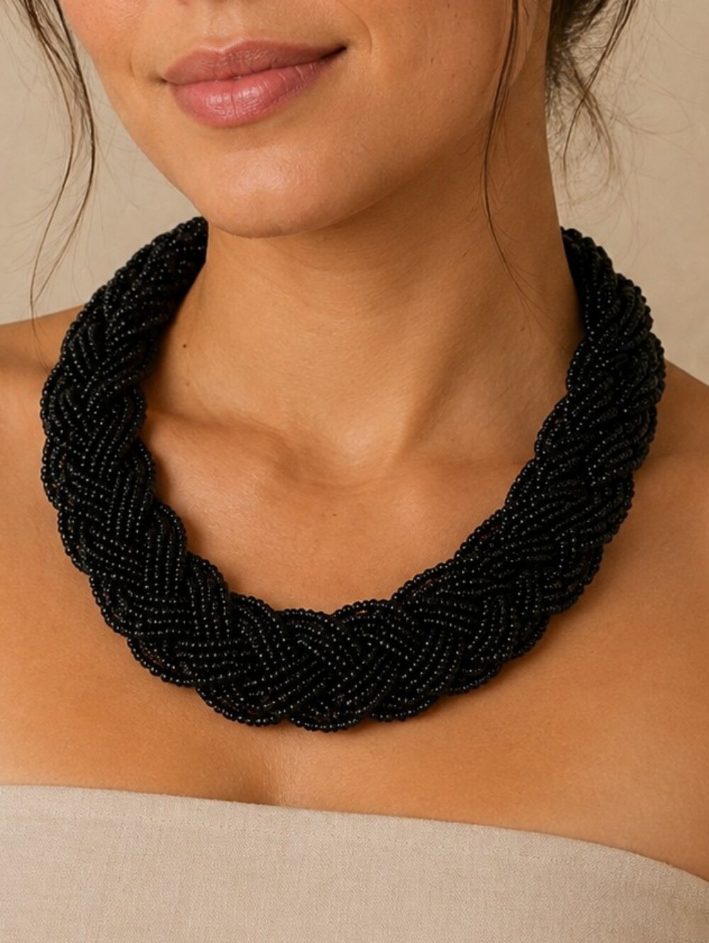 Braided Seed Bead Statement Collar Necklace Black Womens Retro Boho Vintage Look
